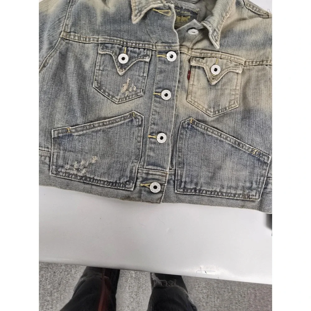 Levis Jeans Jacket Mens XL Blue Distressed Trucker Western Button Up Bleach Wash